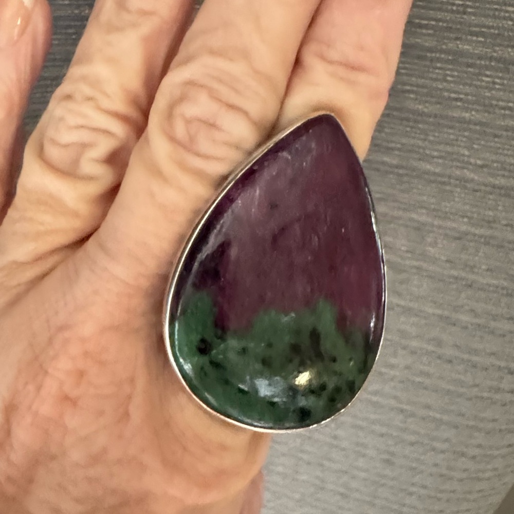 Natural ruby zoisite teardrop Sterling ring